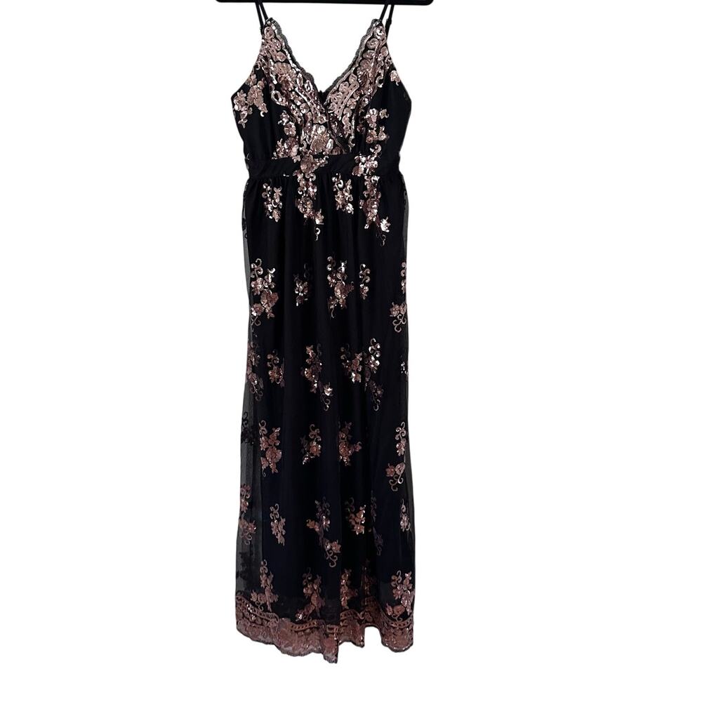 She + Sky Large NWT Black Rose Gold Sequin Maxi Dress Spaghetti Straps Elegant